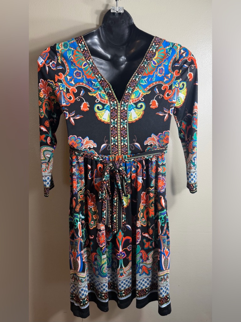 ECI New York Boho Paisley Dress Size M V Neck Tie Waist Border Print 3/4 Sleeve - Picture 7 of 7